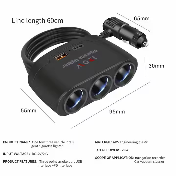 3 in 1 Car Charging Plug Adapter Cigarette Lighter Multi Socket - Image 3